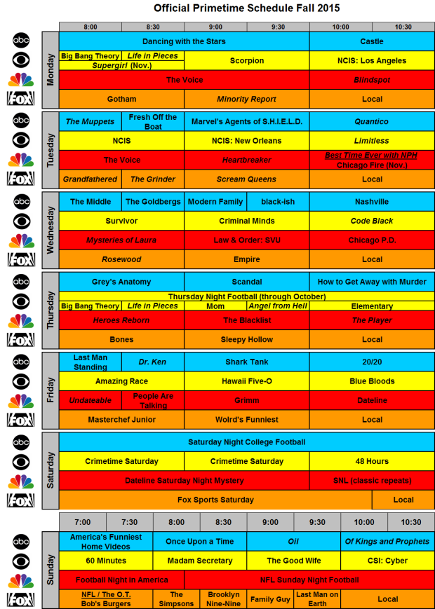 Official Fall Primetime Schedule 2015 NBC FOX ABC CBS
