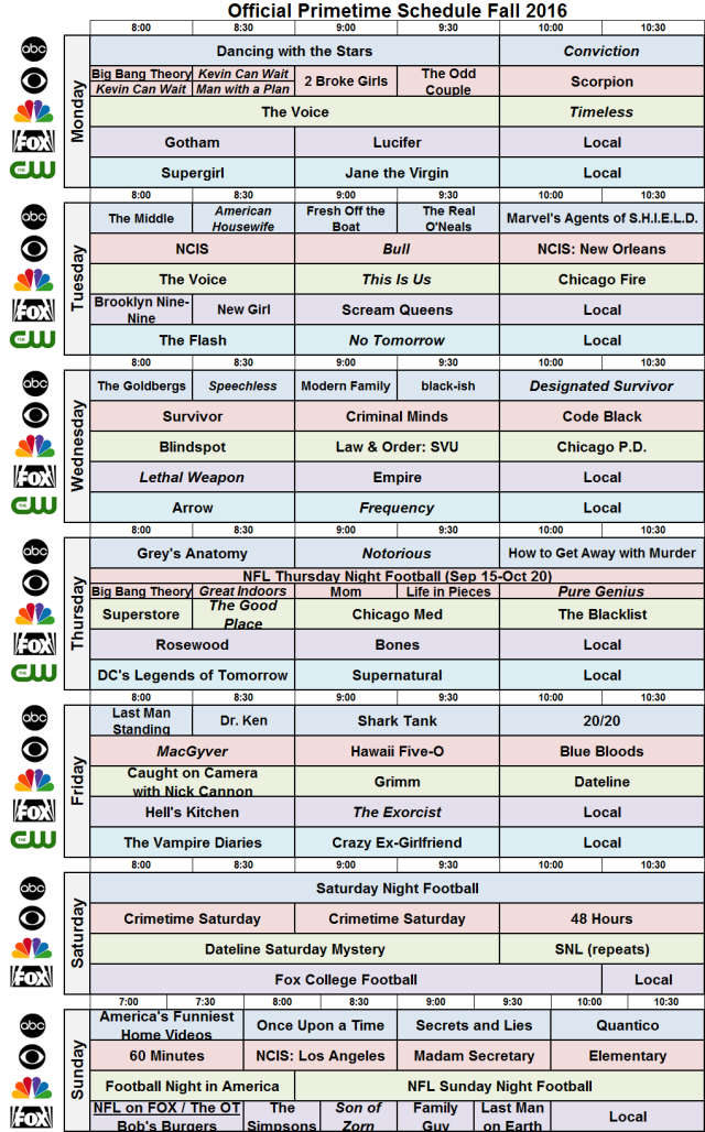 Fall 2016 SBD Broadcast Prime Schedule with NBC FOX ABC CBS CW