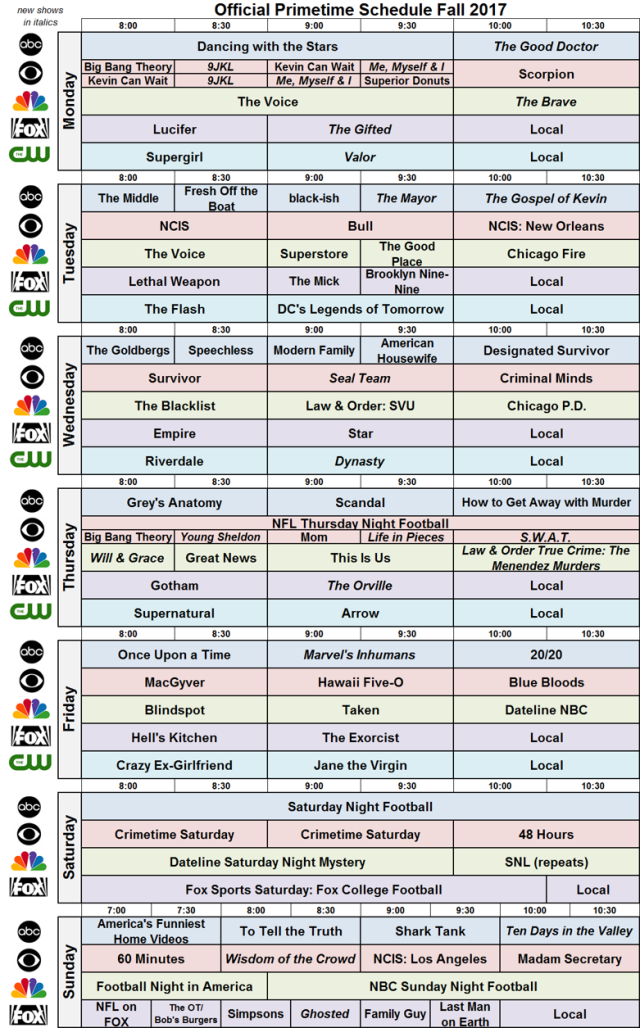 Network Schedule Fall 2017 NBC FOX ABC CBS CW