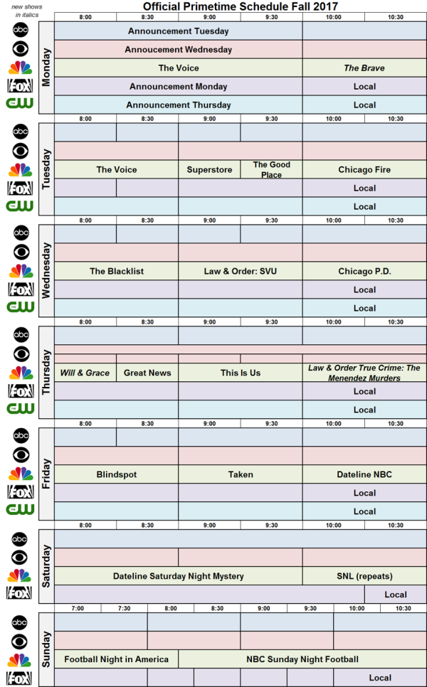Network Schedule Fall 2017 NBC